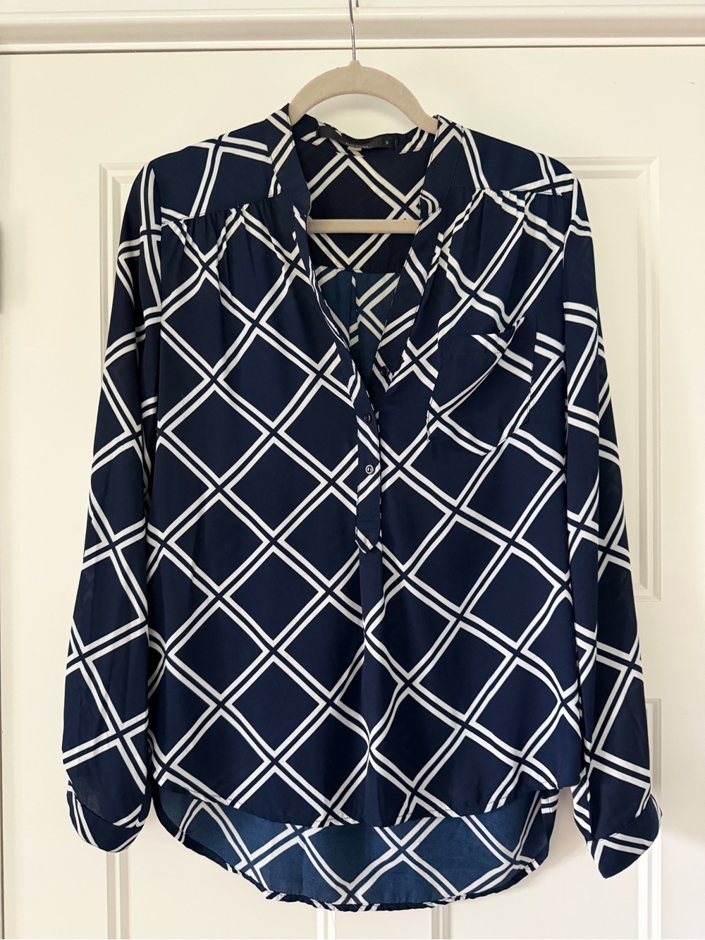 fun 2 fun Navy Blue and White Geometric Button-Front Blouse